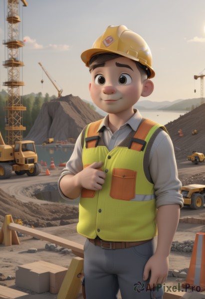 solo,looking at viewer,smile,brown hair,shirt,1boy,hat,brown eyes,closed mouth,white shirt,male focus,outdoors,sky,day,collared shirt,belt,pants,black eyes,vest,helmet,denim,ground vehicle,child,motor vehicle,car,male child,truck,tent,short hair,black hair,cloud,thick eyebrows,sunset,rock,yellow headwear,hardhat