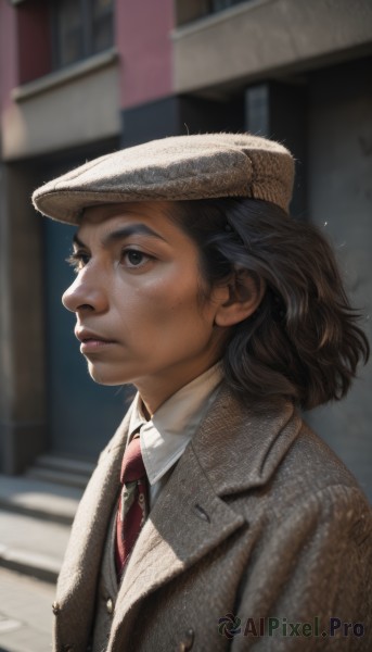 solo,looking at viewer,short hair,brown hair,shirt,black hair,1boy,hat,brown eyes,closed mouth,jacket,white shirt,upper body,male focus,necktie,collared shirt,indoors,medium hair,blurry,black eyes,vest,lips,coat,book,buttons,blurry background,formal,red necktie,freckles,brown jacket,realistic,nose,brown headwear,bookshelf,brown coat,1girl,outdoors,day,signature,mole,suit,looking up,looking afar