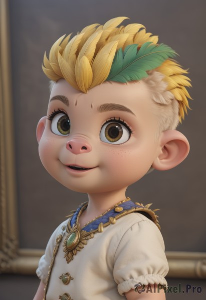 solo,looking at viewer,smile,short hair,open mouth,blonde hair,shirt,1boy,brown eyes,jewelry,white shirt,upper body,short sleeves,male focus,multicolored hair,teeth,puffy sleeves,necklace,blurry,puffy short sleeves,blurry background,child,freckles,male child,laurel crown,1girl,parted lips,artist name,leaf,upper teeth only,aged down,female child,head wreath,leaf hair ornament