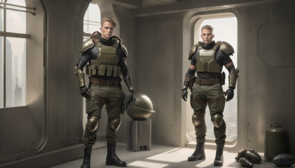 short hair,blonde hair,brown hair,gloves,holding,standing,weapon,male focus,boots,multiple boys,pointy ears,pants,2boys,armor,uniform,gun,military,facial hair,helmet,shoulder armor,science fiction,breastplate,realistic,pilot suit,knee pads,shoulder pads,explosive,grenade,helmet removed,bulletproof vest,looking at viewer,blue eyes,1boy,closed mouth,full body,black gloves,belt,indoors,fingerless gloves,black footwear,window,multiple views,pouch,door,very short hair,concept art,tactical clothes