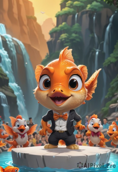 looking at viewer,smile,open mouth,shirt,bow,brown eyes,standing,jacket,white shirt,:d,outdoors,solo focus,belt,pants,artist name,bowtie,water,blurry,red bow,open jacket,black jacket,no humans,blurry background,bird,animal,black pants,formal,suit,furry,fish,rock,orange bow,animal focus,traditional bowtie,waterfall,orange bowtie,pond,1girl,1boy,full body,male focus,shorts,collared shirt,orange hair,tree,:3,holding hands,fangs,watermark,black shorts,red bowtie,web address,hands on hips