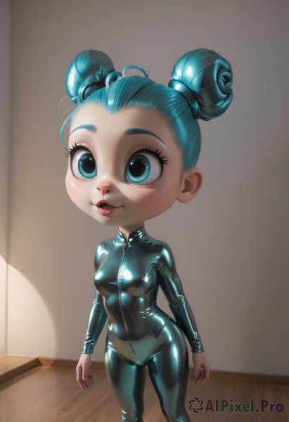 1girl,solo,breasts,blush,smile,blue eyes,blue hair,standing,small breasts,shiny,indoors,hair bun,aqua eyes,lips,loli,double bun,aqua hair,bodysuit,makeup,cameltoe,aged down,looking up,skin tight,forehead,zipper,shiny clothes,wooden floor,black bodysuit,latex,latex bodysuit,eyelashes