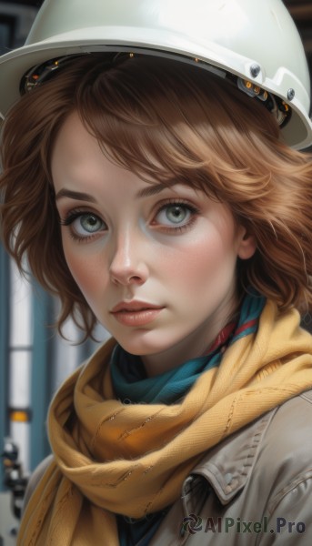 1girl,solo,looking at viewer,short hair,brown hair,green eyes,jacket,upper body,parted lips,artist name,scarf,blurry,lips,eyelashes,depth of field,blurry background,white headwear,watermark,helmet,portrait,web address,close-up,freckles,realistic,nose,yellow scarf,blush,bangs,closed mouth,grey eyes