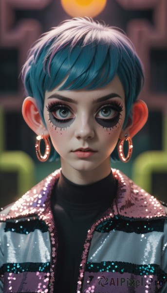 1girl,solo,looking at viewer,short hair,bangs,blue eyes,shirt,jewelry,closed mouth,blue hair,jacket,upper body,pink hair,multicolored hair,earrings,blurry,two-tone hair,lips,grey eyes,black shirt,eyelashes,aqua hair,makeup,depth of field,blurry background,turtleneck,facial mark,lipstick,eyeshadow,hoop earrings,nose,eyeliner,mascara,open clothes,artist name,open jacket,streaked hair,watermark,freckles,realistic