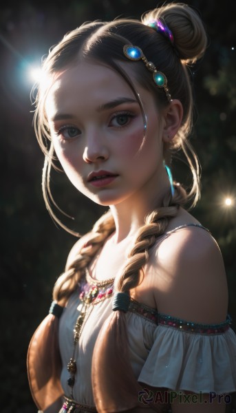 1girl,solo,long hair,breasts,looking at viewer,blue eyes,blonde hair,brown hair,black hair,hair ornament,dress,bare shoulders,jewelry,upper body,braid,earrings,small breasts,parted lips,teeth,artist name,necklace,hair bun,blurry,twin braids,lips,eyelashes,single braid,makeup,depth of field,blurry background,sunlight,single hair bun,gem,hair over shoulder,backlighting,freckles,beads,realistic,nose,red lips,dappled sunlight,bokeh,mascara,hair beads,multi-tied hair,blush,shirt,brown eyes,short sleeves,off shoulder,from side,thick eyebrows,forehead,off-shoulder shirt,light,sidelighting,multiple braids