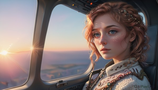 1girl,solo,long hair,short hair,blue eyes,blonde hair,brown hair,hair ornament,jewelry,parted lips,sky,necklace,blurry,lips,eyelashes,wavy hair,sunlight,ground vehicle,portrait,motor vehicle,freckles,curly hair,sunset,realistic,nose,sun,car,looking afar,car interior,seatbelt,sitting,depth of field,blurry background,lens flare,backlighting,sunrise