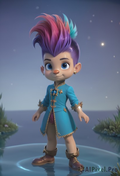 1girl,solo,looking at viewer,smile,short hair,blue eyes,jewelry,closed mouth,standing,full body,pink hair,purple hair,multicolored hair,earrings,boots,outdoors,sky,shorts,artist name,dark skin,water,two-tone hair,coat,night,brown footwear,piercing,grass,brooch,gem,ear piercing,child,star (sky),starry sky,reflection,ankle boots,ripples,blue coat,mohawk,hair ornament,gloves,long sleeves,1boy,blue hair,male focus,shoes,pants,watermark,feathers,asymmetrical hair,stud earrings