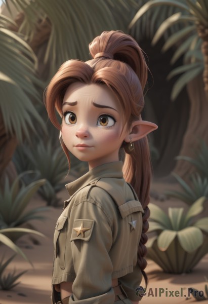 1girl,solo,long hair,looking at viewer,brown hair,brown eyes,jewelry,closed mouth,jacket,upper body,ponytail,braid,earrings,outdoors,day,pointy ears,belt,artist name,blurry,lips,blurry background,plant,elf,freckles,midriff,tree,single braid,nature,cropped jacket,brown jacket,leather