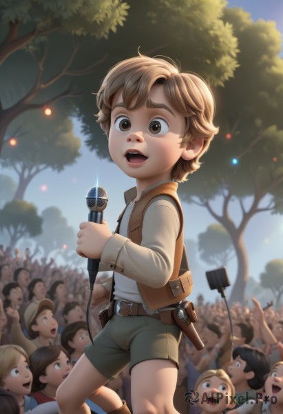 smile,short hair,open mouth,blonde hair,brown hair,shirt,long sleeves,1boy,hat,holding,brown eyes,white shirt,weapon,male focus,boots,outdoors,multiple boys,sky,shorts,teeth,solo focus,day,belt,vest,tree,gun,thick eyebrows,child,microphone,forest,6+boys,music,male child,singing,green shorts,microphone stand,brown vest,crowd,jacket,realistic,camera,people