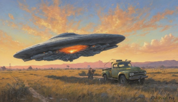 1boy,outdoors,multiple boys,sky,cloud,2boys,military,cloudy sky,grass,robot,ground vehicle,scenery,motor vehicle,science fiction,sunset,mountain,aircraft,car,field,vehicle focus,twilight,truck,no humans,glowing,realistic,road,evening,spacecraft