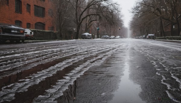 outdoors,sky,water,tree,no humans,ground vehicle,building,scenery,motor vehicle,snow,reflection,city,sign,car,road,house,winter,lamppost,bare tree,street,road sign,real world location,window,snowing,realistic,truck