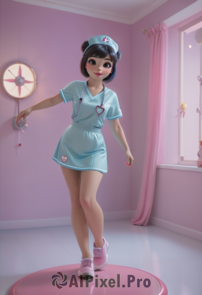 1girl,solo,looking at viewer,blush,smile,short hair,bangs,brown hair,black hair,hat,dress,holding,brown eyes,standing,full body,short sleeves,heart,shoes,indoors,hair bun,black eyes,lips,window,double bun,blue shirt,curtains,sneakers,nurse cap,nurse,syringe,stethoscope,pink footwear,name tag