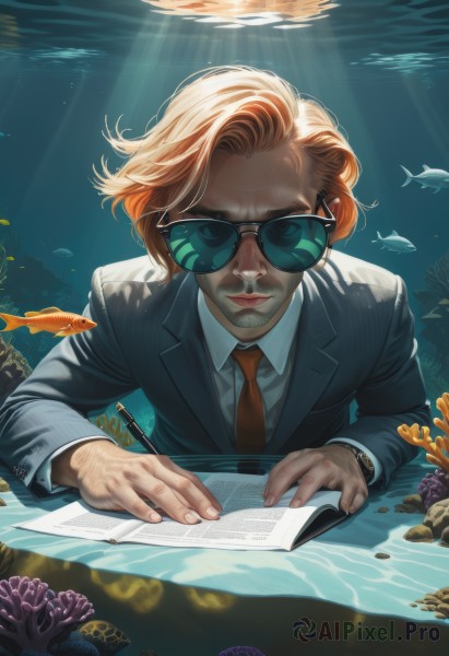 solo,looking at viewer,short hair,blonde hair,shirt,long sleeves,1boy,jacket,white shirt,upper body,male focus,necktie,glasses,collared shirt,water,orange hair,lips,book,facial hair,formal,sunlight,sunglasses,suit,red necktie,beard,fish,watch,light rays,paper,underwater,open book,realistic,pen,wristwatch,pencil,writing,coral,brown hair,holding,closed mouth,artist name,watermark,nose,mustache,aquarium