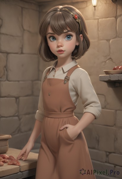 1girl,solo,looking at viewer,short hair,bangs,blue eyes,brown hair,shirt,hair ornament,long sleeves,dress,standing,white shirt,hairband,parted lips,food,collared shirt,artist name,indoors,nail polish,lips,makeup,fruit,sleeves rolled up,freckles,hand in pocket,apple,basket,red lips,brown dress,brick wall,sleeves pushed up,stone wall,blush,cowboy shot,teeth,eyelashes,buttons,bob cut,thick eyebrows,wing collar,realistic,nose,overalls,wall,mushroom,meat,mascara