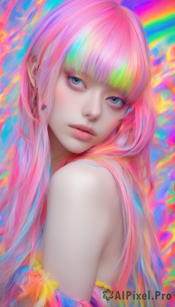 1girl,solo,long hair,looking at viewer,bangs,blue eyes,bare shoulders,jewelry,closed mouth,blue hair,upper body,pink hair,multicolored hair,earrings,blunt bangs,lips,eyelashes,makeup,eyeshadow,realistic,nose,eyeliner,multicolored background,rainbow,colorful,rainbow hair,from side,streaked hair,head tilt,grey eyes,watermark,pink lips,mascara