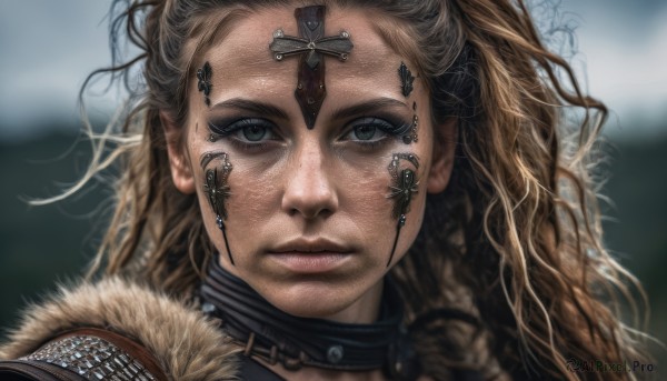 1girl,solo,long hair,looking at viewer,blonde hair,brown hair,closed mouth,green eyes,braid,choker,armor,blurry,collar,lips,grey eyes,fur trim,eyelashes,depth of field,blurry background,wavy hair,messy hair,portrait,close-up,freckles,realistic,nose,tattoo,cross,facepaint