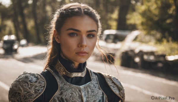 1girl,solo,long hair,looking at viewer,brown hair,black hair,brown eyes,closed mouth,upper body,outdoors,dark skin,armor,blurry,black eyes,dark-skinned female,lips,depth of field,blurry background,ground vehicle,shoulder armor,motor vehicle,freckles,pauldrons,breastplate,realistic,car,road,chainmail,sunlight,portrait,backlighting