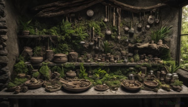 food,day,indoors,tree,no humans,window,plant,nature,scenery,plate,forest,bowl,rock,potted plant,moss,wood,table,sunlight