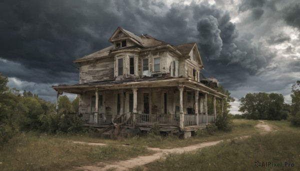 outdoors,sky,day,cloud,tree,no humans,window,cloudy sky,grass,building,nature,scenery,forest,road,bush,house,path,plant,door,ruins