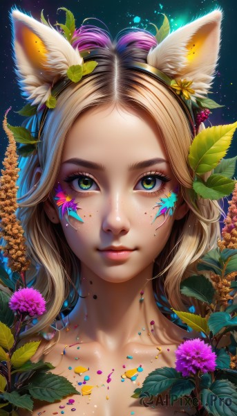 1girl,solo,long hair,looking at viewer,smile,blonde hair,hair ornament,animal ears,closed mouth,green eyes,collarbone,upper body,flower,multicolored hair,hairband,artist name,cat ears,hair flower,lips,fox ears,eyelashes,makeup,fake animal ears,leaf,facial mark,plant,portrait,freckles,pink lips,realistic,nose,mascara,paint splatter,breasts,bangs,cleavage,nude,forehead,yellow flower,purple flower,bodypaint,paint