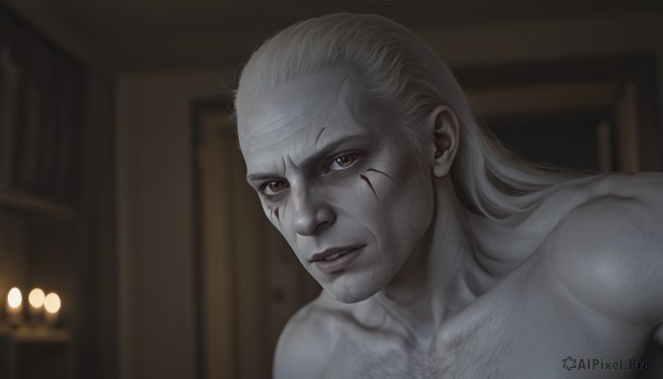 solo,long hair,looking at viewer,blonde hair,1boy,brown eyes,collarbone,yellow eyes,white hair,male focus,nude,parted lips,teeth,indoors,blurry,lips,muscular,blurry background,facial hair,scar,muscular male,portrait,bara,realistic,chest hair,upper body,colored skin,lamp,grey skin,fake screenshot