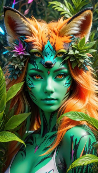 1girl,solo,long hair,breasts,looking at viewer,smile,large breasts,hair ornament,animal ears,cleavage,medium breasts,closed mouth,upper body,flower,artist name,hair flower,orange hair,lips,orange eyes,animal ear fluff,fox ears,eyelashes,tattoo,makeup,colored skin,leaf,facial mark,plant,monster girl,slit pupils,portrait,nature,nose,green skin,orange skin,collarbone,mole,blurry,mole under eye,close-up,spaghetti strap,vines