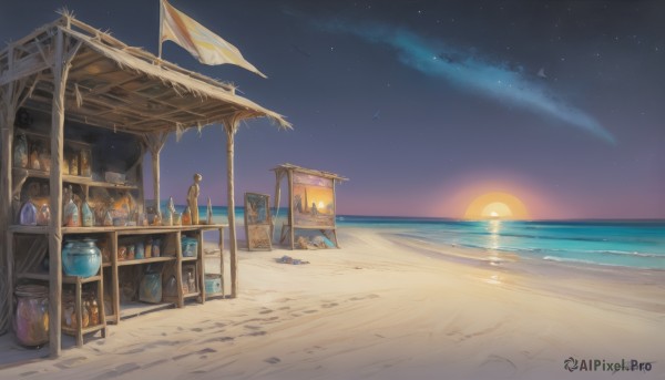 outdoors,sky,artist name,cloud,signature,water,no humans,night,ocean,chair,beach,bottle,star (sky),night sky,scenery,starry sky,sunset,sand,sun,horizon,jar,crate,solo,1boy,day,book,umbrella,crystal,footprints