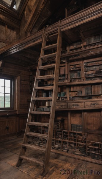 day,indoors,book,no humans,window,chair,sunlight,scenery,wooden floor,stairs,door,railing,bookshelf,shelf,library,ceiling,ladder,desk