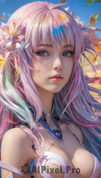 1girl,solo,long hair,breasts,looking at viewer,bangs,blue eyes,hair ornament,cleavage,bare shoulders,medium breasts,closed mouth,upper body,pink hair,flower,multicolored hair,outdoors,sky,day,hair flower,blue sky,lips,eyelashes,freckles,realistic,nose,jewelry,green eyes,parted lips,shiny,artist name,aqua eyes,detached collar,leaf,expressionless,sunlight,pink lips