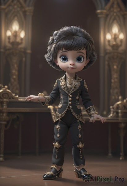 1girl,solo,looking at viewer,short hair,bangs,blue eyes,black hair,hair ornament,long sleeves,jewelry,standing,jacket,full body,shoes,pants,indoors,necklace,chibi,black footwear,blurry,high heels,bracelet,lips,black jacket,blurry background,black pants,formal,suit,child,gold trim,stairs,smile,shirt,artist name,depth of field,railing,candle