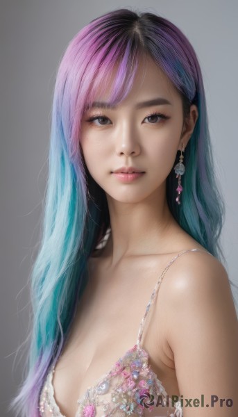 1girl,solo,long hair,breasts,looking at viewer,bangs,simple background,cleavage,bare shoulders,jewelry,medium breasts,closed mouth,underwear,blue hair,collarbone,upper body,pink hair,purple hair,multicolored hair,earrings,small breasts,grey background,bra,black eyes,two-tone hair,lips,eyelashes,gradient hair,makeup,swept bangs,lingerie,light smile,eyeshadow,realistic,nose,black hair,brown eyes