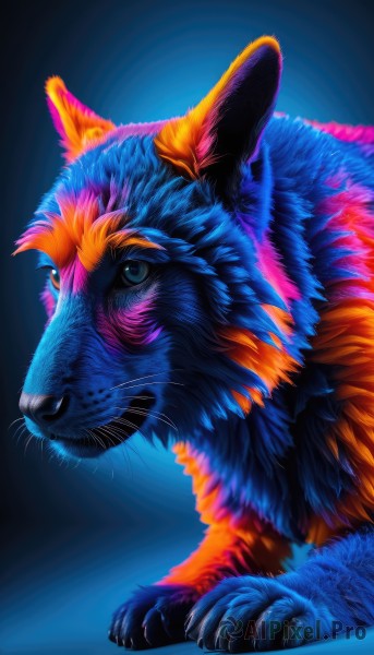 solo,blue eyes,simple background,closed mouth,full body,from side,gradient,gradient background,no humans,animal,blue background,cat,realistic,animal focus,whiskers,looking at viewer,signature,black eyes,pokemon (creature)