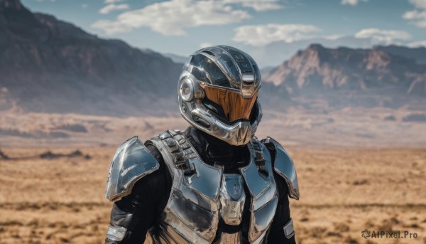 solo,1boy,upper body,male focus,outdoors,sky,day,cloud,armor,blurry,blue sky,blurry background,helmet,shoulder armor,science fiction,breastplate,mountain,full armor,mountainous horizon,power armor,desert,adapted costume,realistic