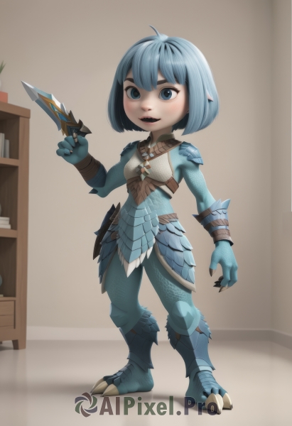 1girl,solo,breasts,looking at viewer,smile,short hair,open mouth,bangs,blue eyes,holding,jewelry,blue hair,standing,full body,weapon,ahoge,small breasts,parted lips,teeth,pointy ears,indoors,hand up,necklace,holding weapon,armor,book,colored skin,fangs,knife,monster girl,gauntlets,claws,blue skin,bookshelf,scales,fewer digits,digitigrade,blush,upper teeth only,bob cut,shoulder armor,breastplate,female child,holding knife,dagger