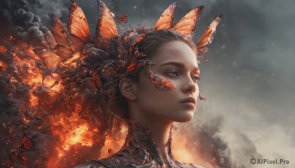 1girl, solo, brown hair, hair ornament, closed mouth, upper body, lips, looking away, bug, fire, butterfly, portrait, smoke, realistic, nose, embers, burning