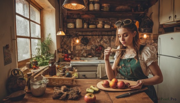 1girl,solo,long hair,brown hair,shirt,holding,jewelry,closed eyes,short sleeves,food,pointy ears,indoors,necklace,nail polish,apron,cup,lips,window,makeup,fruit,eating,table,sunglasses,bottle,knife,plant,eyewear on head,plate,bowl,chopsticks,realistic,fork,apple,potted plant,cooking,ladle,kitchen,jar,cabinet,stove,kitchen knife,cutting board,earrings,glasses,puffy sleeves,puffy short sleeves,spoon,holding knife,shelf,frying pan,sink,spatula,faucet,onion