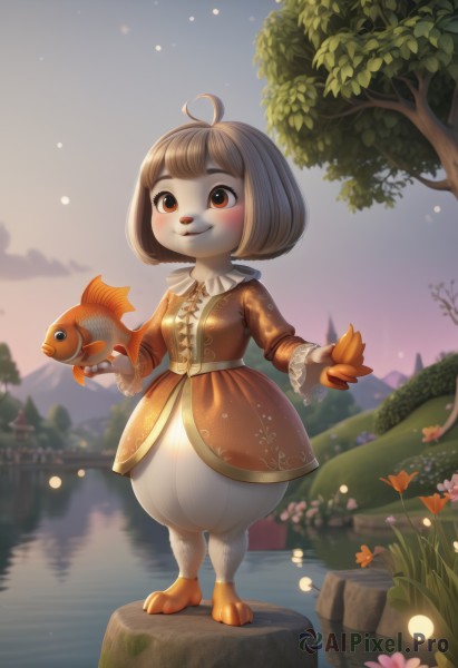 1girl,solo,blush,smile,short hair,bangs,brown hair,long sleeves,dress,holding,brown eyes,closed mouth,standing,full body,flower,ahoge,small breasts,outdoors,frills,sky,barefoot,artist name,cloud,signature,water,blurry,tree,depth of field,blurry background,animal,watermark,happy,bob cut,grass,child,furry,pink flower,fish,sunset,furry female,holding flower,female child,bridge,river,orange dress,lake,orange flower,lily pad,goldfish,pond,animal ears,tail,rock