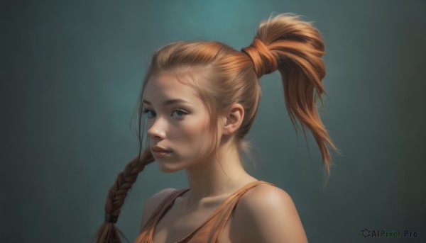 1girl,solo,long hair,looking at viewer,blue eyes,simple background,brown hair,bare shoulders,collarbone,upper body,ponytail,braid,lips,single braid,tank top,portrait,realistic,nose,hair tie,orange shirt,blonde hair