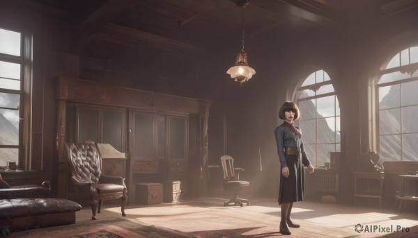 1girl,solo,looking at viewer,short hair,skirt,brown hair,shirt,black hair,long sleeves,bow,brown eyes,standing,jacket,pantyhose,shoes,day,belt,indoors,black skirt,black footwear,book,window,shadow,chair,table,sunlight,blue jacket,scenery,couch,desk,wooden floor,lamp,wide shot,armchair,ceiling light,window shade,bangs,closed mouth,full body,white shirt,glasses,collared shirt,pillow,black pantyhose,bob cut,red necktie,high-waist skirt,long skirt,arms at sides,glass,carpet,chandelier