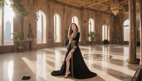 1girl,solo,long hair,breasts,looking at viewer,open mouth,brown hair,long sleeves,dress,cleavage,brown eyes,jewelry,medium breasts,standing,full body,earrings,day,indoors,necklace,black footwear,black dress,high heels,book,window,sunlight,plant,scenery,light rays,stairs,long dress,potted plant,sunbeam,pillar,arch,column,black hair,bracelet,lips,makeup,shadow,lipstick,statue