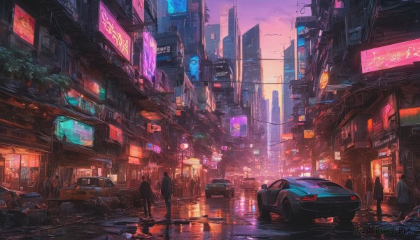 outdoors, multiple boys, sky, dutch angle, ground vehicle, building, scenery, motor vehicle, city, sign, car, road, cityscape, street, skyscraper, city lights, cyberpunk, neon lights