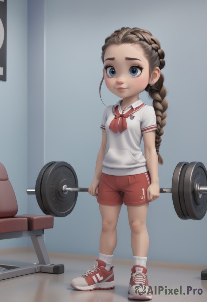 1girl,solo,long hair,looking at viewer,smile,blue eyes,brown hair,shirt,holding,closed mouth,standing,full body,white shirt,braid,short sleeves,shoes,shorts,socks,indoors,neckerchief,short shorts,single braid,white socks,red footwear,sneakers,child,forehead,gym uniform,braided ponytail,female child,red shorts,gym shorts,exercise,dumbbell,weightlifting,lips,loli,crown braid