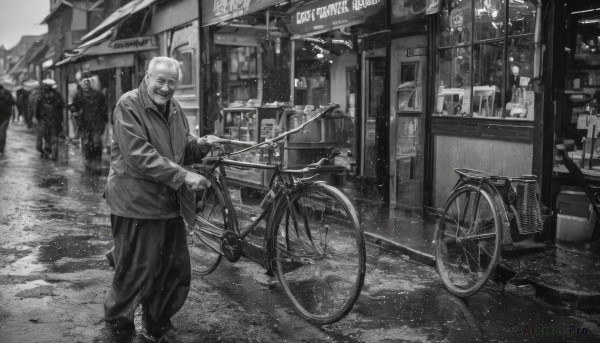 long sleeves,1boy,standing,monochrome,greyscale,male focus,outdoors,japanese clothes,multiple boys,solo focus,pants,kimono,facial hair,bottle,ground vehicle,building,scenery,motor vehicle,beard,road,riding,bald,old,old man,street,bicycle,shop,storefront,solo,jacket,shoes,sunglasses,faceless,city,sign,basket