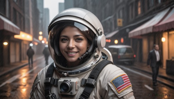 1girl,looking at viewer,smile,brown hair,1boy,brown eyes,upper body,outdoors,teeth,solo focus,grin,blurry,lips,depth of field,blurry background,helmet,ground vehicle,building,motor vehicle,reflection,science fiction,rain,city,realistic,car,road,police,street,american flag,spacesuit,japanese flag,united states,astronaut,short hair,multiple girls,black hair,2girls,bag,portrait,headset,walking,sign,camera,space helmet