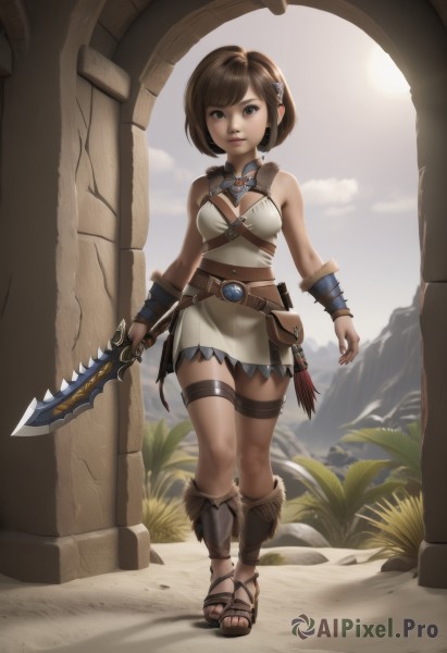 1girl,solo,breasts,looking at viewer,short hair,bangs,skirt,brown hair,hair ornament,holding,cleavage,bare shoulders,brown eyes,jewelry,medium breasts,standing,full body,weapon,small breasts,boots,outdoors,sky,day,hairclip,midriff,belt,sword,cloud,holding weapon,lips,thigh strap,toes,sandals,knife,walking,pouch,mountain,sun,dagger,toeless footwear,armor