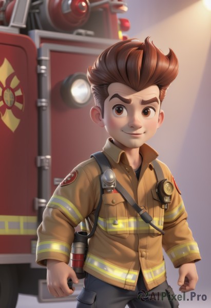 solo,looking at viewer,smile,short hair,brown hair,shirt,long sleeves,1boy,brown eyes,closed mouth,standing,jacket,male focus,cowboy shot,pants,thick eyebrows,spiked hair,child,pocket,yellow jacket,male child,patch,animification