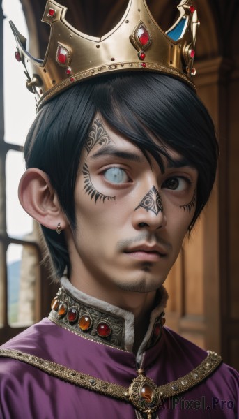 solo,looking at viewer,short hair,blue eyes,black hair,1boy,brown eyes,jewelry,closed mouth,male focus,earrings,indoors,blurry,black eyes,lips,grey eyes,tattoo,blurry background,facial hair,heterochromia,facial mark,crown,gem,portrait,realistic,nose,mustache,facial tattoo,bangs,brooch