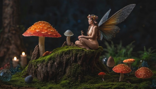 1girl,solo,long hair,breasts,brown hair,hair ornament,holding,medium breasts,sitting,nipples,flower,nude,outdoors,wings,barefoot,pointy ears,hair flower,blurry,tree,completely nude,night,depth of field,blurry background,crossed legs,grass,plant,instrument,nature,forest,fantasy,fairy wings,fairy,head wreath,mushroom,moss,tree stump,black hair,closed eyes,small breasts,from side,lips,scenery,realistic,nose,candle,wide shot