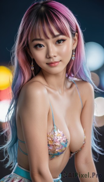 1girl,solo,long hair,breasts,looking at viewer,smile,bangs,skirt,brown hair,cleavage,bare shoulders,brown eyes,jewelry,medium breasts,closed mouth,collarbone,swimsuit,upper body,pink hair,bikini,multicolored hair,earrings,blurry,two-tone hair,lips,head tilt,eyelashes,gradient hair,depth of field,blurry background,floral print,bikini top only,realistic,nose,print bikini,bokeh,no shirt,nipples,artist name,blunt bangs,bra,blue skirt,makeup,watermark,piercing,freckles