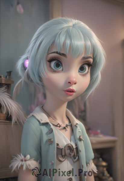 1girl,solo,looking at viewer,short hair,bangs,blue eyes,shirt,hair ornament,jewelry,closed mouth,blue hair,collarbone,jacket,upper body,short sleeves,open clothes,indoors,necklace,blurry,flat chest,lips,fur trim,eyelashes,makeup,buttons,depth of field,blurry background,lipstick,nose,red lips,female child,mascara,dress,white hair,parted lips,artist name,aqua eyes,open jacket,feathers,blue jacket